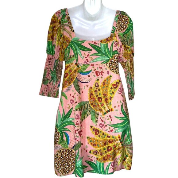 Farm Rio Mixed Fruits Mini Dress Womens Sz S Smocked Tropical Linen Blend Resort - Picture 11 of 12